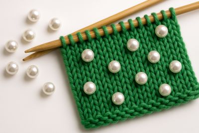 Zakomponovanie perličiek do pletenia – ukážka z bodovými ozdobami