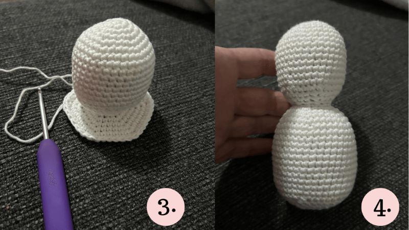 3. a 4. krok návodu na háčkovaného veľkonočného zajaca